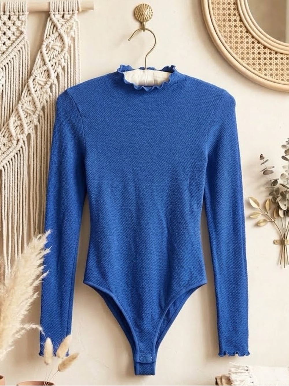 Free People Intimately Blue Mock Neck Long Sleeve Bodysuit with Lettuce Trim